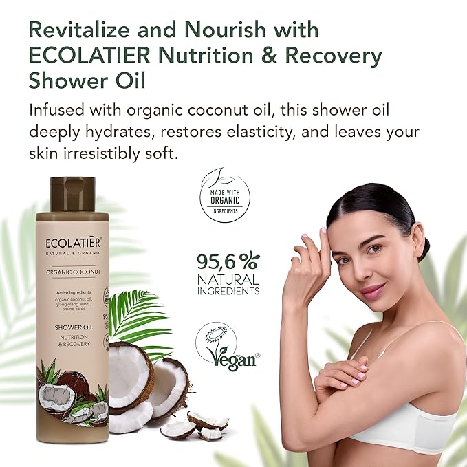 ECOLATIÈR Shower Oil – Organic Coconut Oil – Moisturizing & Nourishing Body Wash for Women, 95.5% Natural, Vegan, for Sensitive Skin - 8.5 Fl Oz (Coconut oil)