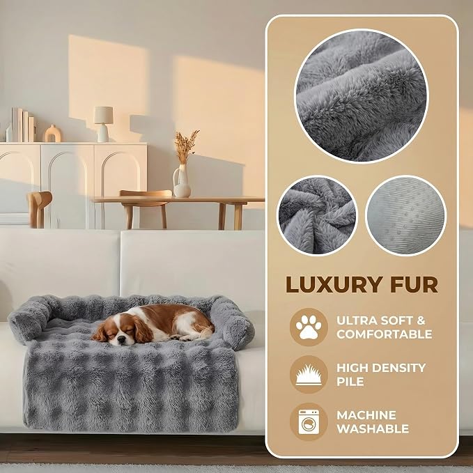 Calming Dog Bed for Couch, 29.5 x 29.5 inch, Dog Sofa Mat, Machine Washable | 3-Sided Bolster, Faux Rabbit Fur Plush, Non Slip Bottom, Water Resistant Furniture Protector for Small Medium Dogs & Cats