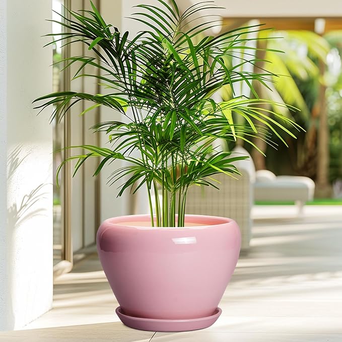Ceramicfor 10 Inch Plant Pot - Ceramic Planter for Indoor Plants, Glaze Modern Round Planter with Drainage Hole and Saucer, Gifts for Plant Lovers, Office Patio Home Room Decor, Pink