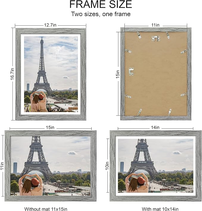 Hongkee 11x15 Picture Frame Set of 4, Made of Real Glass and Grey Frame - Display Picture 10x14 with Mat or 11x15 Without Mat, 11 by 15 Photo for Wall Mounting