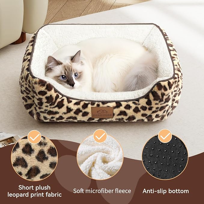 Zerbuger 20in Leopard Rectangle Cat Dog Bed Machine Washable Sleeping Sofa | for Large Medium Small Pets Indoor Outdoor, Non-Slip Bottom Soft Puppy Bed Durable Orthopedic Calming Pet Cuddler