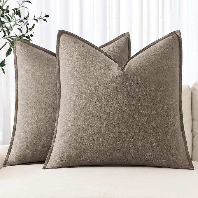 MIULEE Decorative Linen Euro Sham Pillow Covers 24x24 Inch Tan Taupe | Boho Farmhouse Neutral Couch Throw Pillows for Bed, Pack of 2 Accent Modern Pillowcases, Sofa Livingroom Home Decor