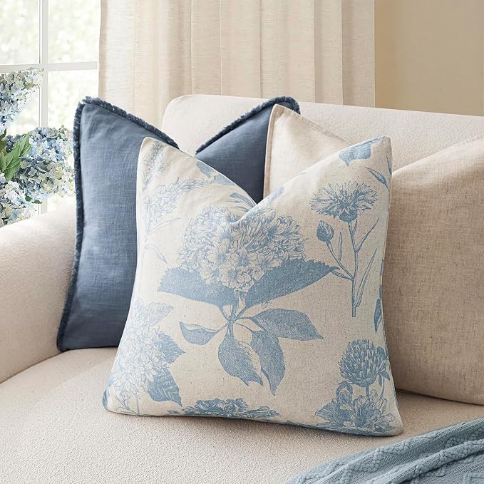Foindtower Set of 2 Linen Floral Vintage Throw Pillow Covers Neutral Accent Decorative Cozy Cushion Covers Farmhouse Boho Home Decor for Sofa Chair Couch Bedroom Living Room,18×18 Inch,Sky Blue