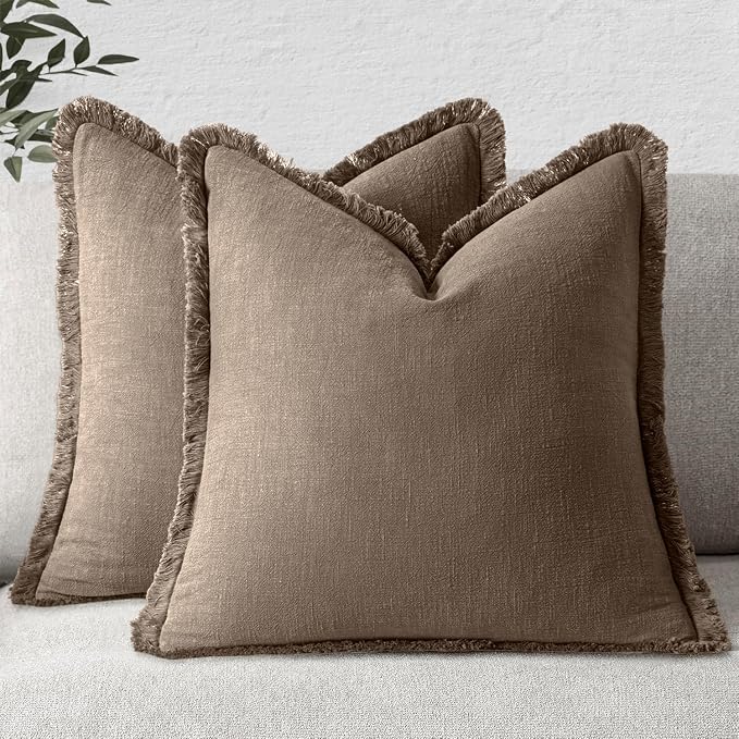 MIULEE Linen Fringe Decorative Fall Throw Pillow Covers Cocoa Brown 16x16 | Set of 2, Cottagecore Decor, Boho Farmhouse Neutral Pillow Covers, Rustic Fall Couch Cushion Cases for Sofa Bed Living Room