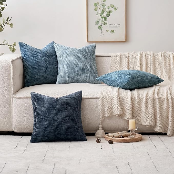 MIULEE Decorative Chenille Euro Pillow Covers Blue Series 24x24 Pack of 4 | Modern Coastal Decor, Blue Gradient Set, Couch Throw Pillows, Farmhouse Boho Cushion Covers for Sofa Bed Living Room