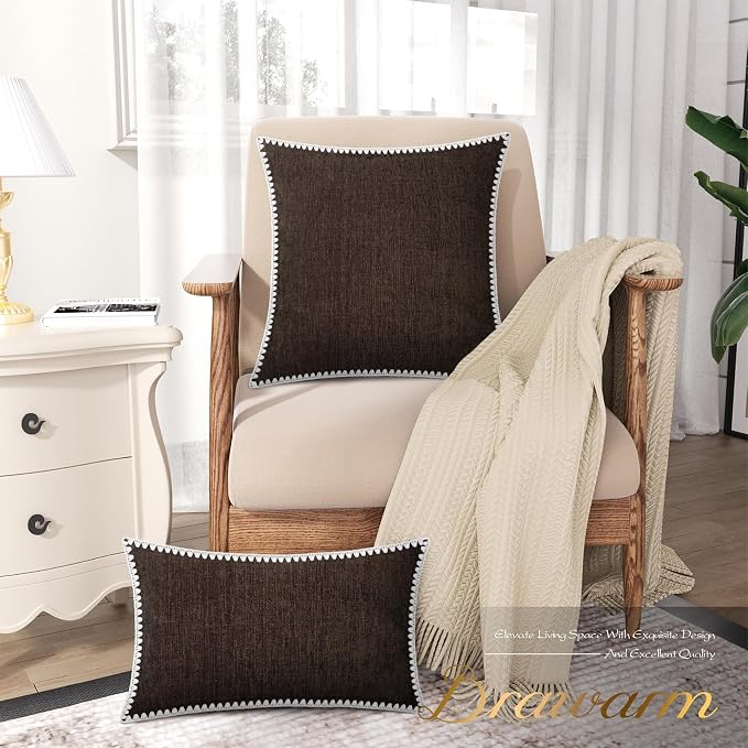 BRAWARM Chenille Throw Pillow Covers 20x20 Inches, Coffee, 2 Pack | Decorative Pillow Covers with Shell Edge, Soft Cushion Cases for Sofa Bed Living Room Home Farmhouse (No Insert)