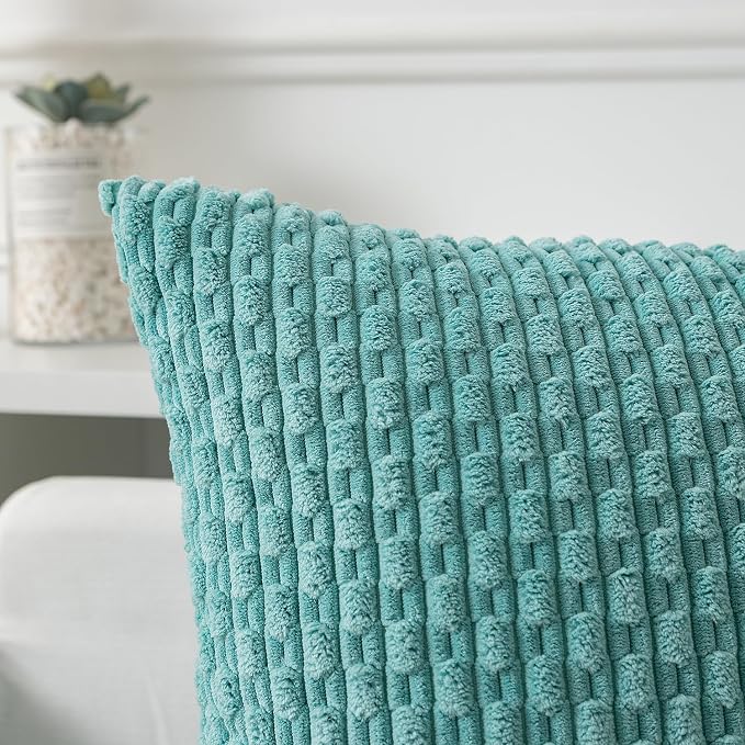 Kevin Textile Soft Corduroy 12"x20" Lumbar Pillow Cover 1 Pack, Aqua Green | Boho Stripe Plush Corduroy Decorative Oblong Cushion Cover Modern Farmhouse Home Decor for Sofa Couch Bed Chair
