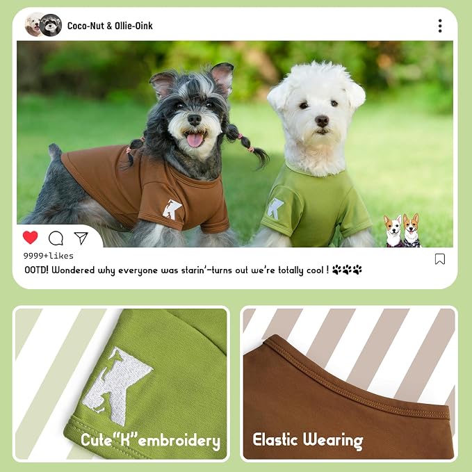 Koneseve Dog Shirts Soft Stretchy Plain T-Shirt - Brown & Avocado Green M | 2-Pack Breathable Cotton Tee for Small Dogs & Cats, Blank Solid Clothes for All Seasons, Easy Pull-On for Daily Casual Wear