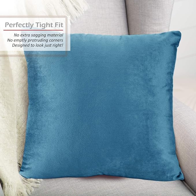 Throw Pillow Inserts Pack of 2 with Velvet Soft Solid Decorative Square Throw Pillow Covers Set for Sofa Couch Car Bedroom, 20X20 Throw Pillows Inserts with 18x18 Washable Cushion Covers, Blue Haven