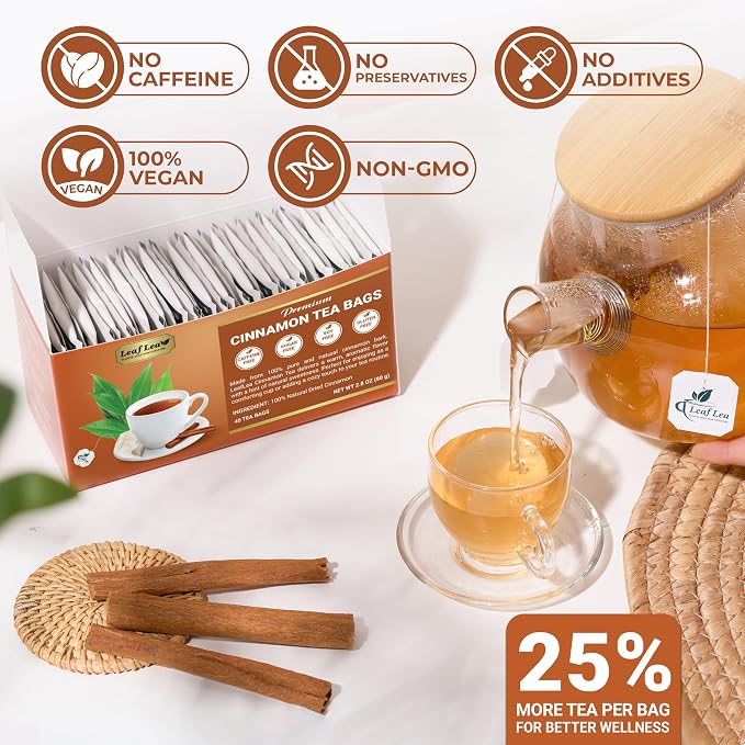 LeafLea Cinnamon Tea Bags, Bold Ground Cinnamon Spice, Sugar-Free, 80 Count | Naturally Sweet Single-Ingredient Spice, Caffeine-Free, Individually Foil-Wrapped For Fresh Aroma, Vegan, Non-GMO