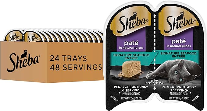 Sheba Perfect Portions Pate Wet Cat Food, Signature Seafood, 2.6 oz, 24 ct | Grain-free, made in USA, 48 servings, no fillers, real fish, complete & balanced all life stages, twin-pack trays