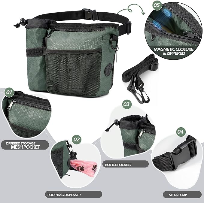 Dog Treat Training Pouch Built-in Poop Bag & Side Pocket Dispenser