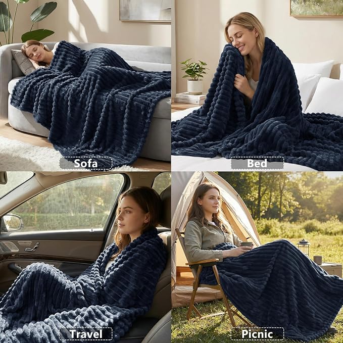 HIMEET Navy Blue Twin Blanket for Bed, 300GSM Ribbed Fleece, 60 x 80 Inches | Ultra Soft Flannel, All-Season Lightweight Warmth, Bed Layering Pick & Dorm Essential, Gift for Men & Women, Machine Washable