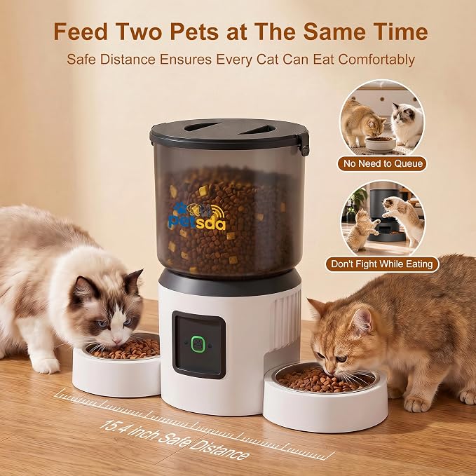 Automatic Cat Feeder for 2 Cats 4L Timed Dry Food Dispenser WiFi 9 Meals Programmable 1-15 Portion Per Day with APP Control Double Bowl Dual Power Supply with 2 Stainless Bowl for Multi-Pet Easy Clean