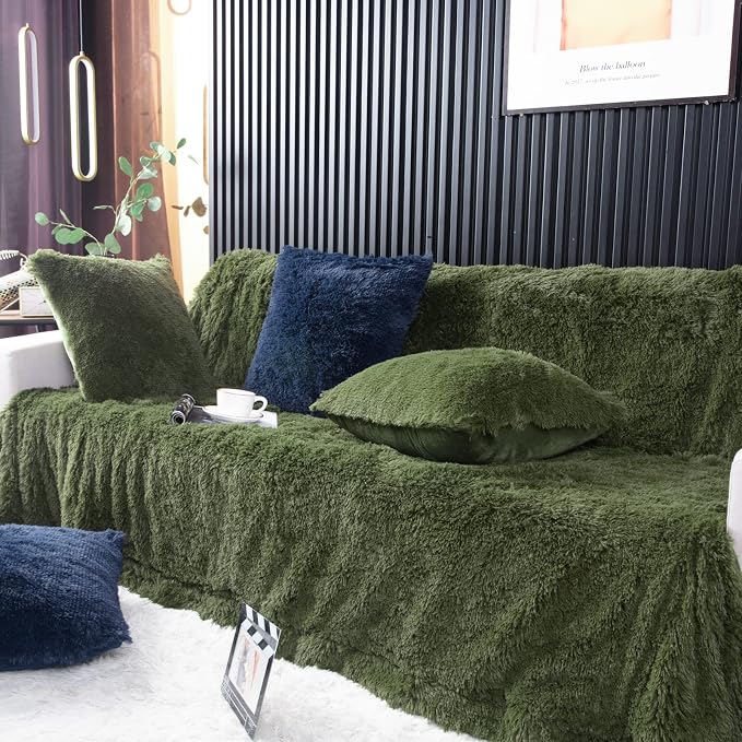 YUSOKI Long Faux Fur Queen Size Blanket, Olive Green, 90" x 90" | Ultra Soft, Lightweight for All Season Use, stays fluffy after repeated washes, Perfect Gifts, Machine Washable