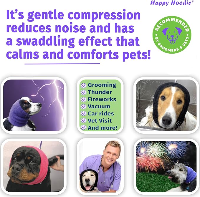 Happy Hoodie The Original Dog & Cat Calming Band - American Brand - Anxiety Relief/Noise Protection-Grooming-Thunder-Fireworks (Small, Black) - Since 2008