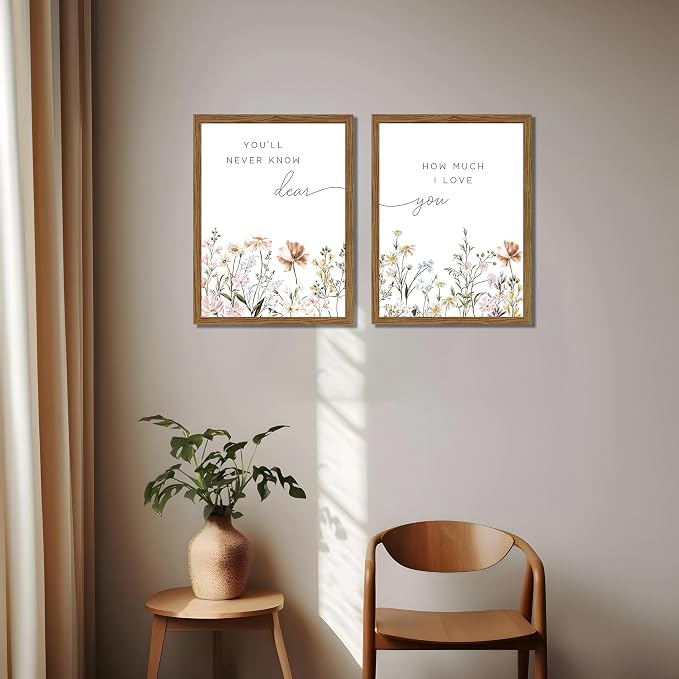 Wood Framed Wildflower Nursery Wall Art Set of 2, Boho Flower Botanical Wall Decor Paintings, Baby Girl Nurseries Pictures Posters Prints for Nursery Baby Room Bedroom Home Decoration 16x24 Inch