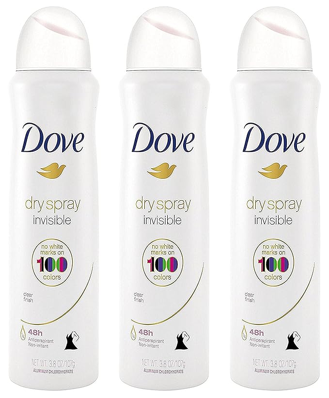 Dove Antiperspirant Dry Spray - Invisible - Clear Finish - 3.8 OZ (107 g) Per Can - Pack of 3 Cans