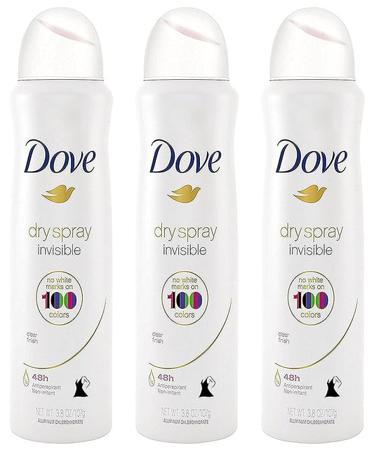 Dove Antiperspirant Dry Spray - Invisible - Clear Finish - 3.8 OZ (107 g) Per Can - Pack of 3 Cans