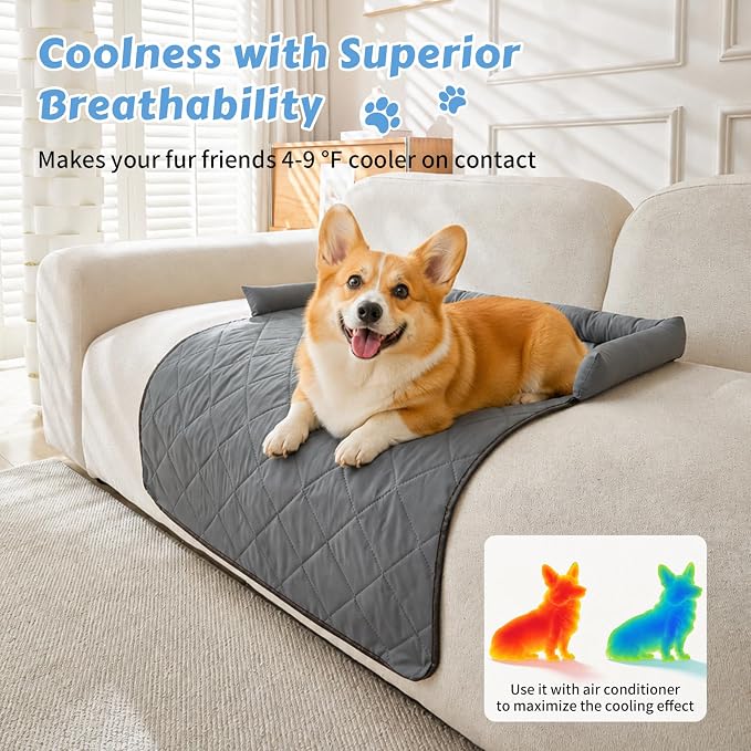 Cooling Dog Bed Mats with Neck & Head Support, 35.43 x31.5 inch Grey | for Small and Medium Dogs & Cats, Non-Slip, Machine Washable, Protects Sofa from Fur & Scratches