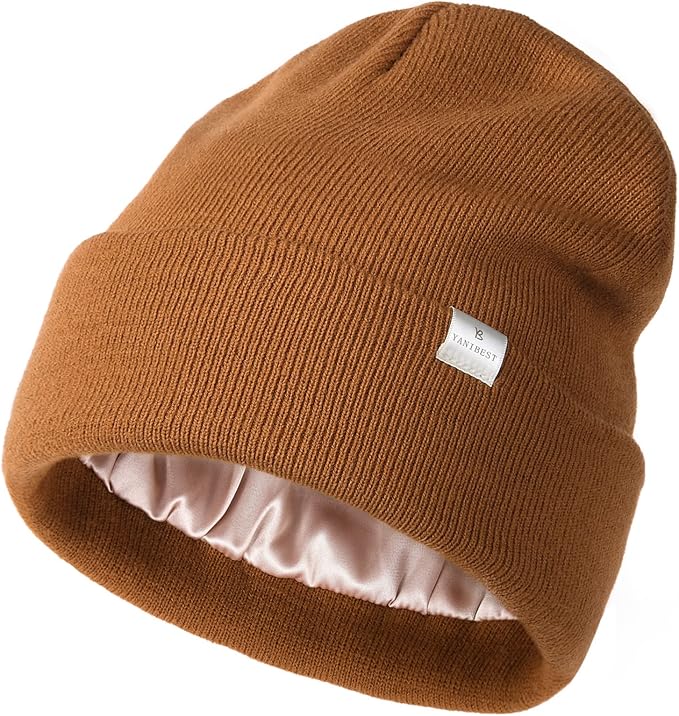YANIBEST Satin Lined Beanie for Women Reduce Frizz Winter Hats for Women Men Silk Lining Soft Slouchy Warm Cuffed Less Static