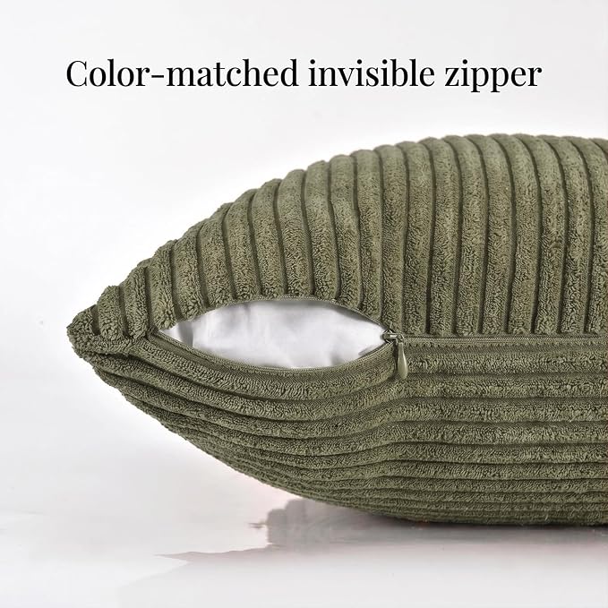 Fancy Homi 2 Packs Olive Green Lumbar Decorative Throw Pillow Covers 14x22 Inch for Living Room Couch Bed, Farmhouse Boho Home Decor, Soft Striped Corduroy Rectangle Accent Cushion Case 35x55 cm