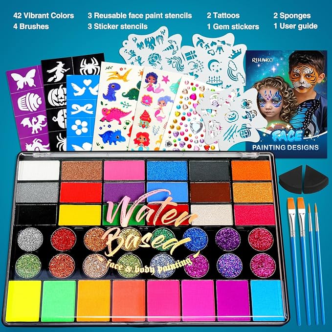 Professional Face Painting Kit for Kids – 42 Color Water-Activated Face Paint Makeup Palette with Stencils, Gems & Brushes – Non-Toxic Body Paint for Parties, Festivals, School Events & Carnival