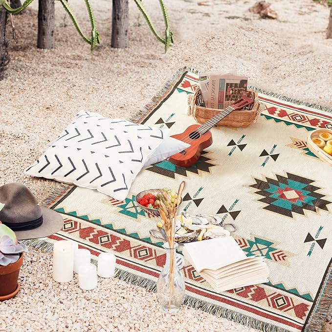 Native American Blanket Western Decor Boho Throw Blanket for Sofa, Mexican Decorative Farmhouse Blanket, Southwest Decor Woven Blankets, Aztec Throw Blankets with Tassel(Beige,50×60 inch)