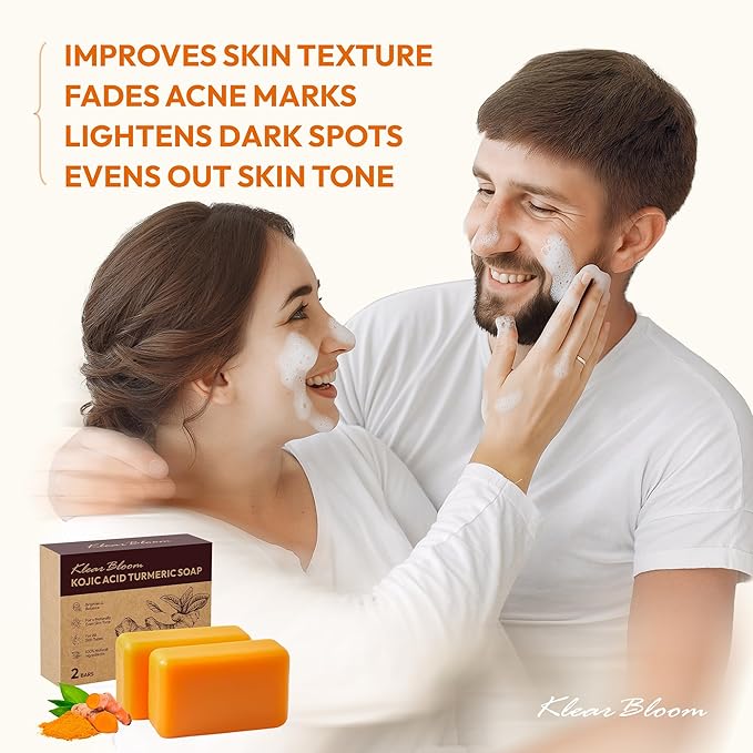 Kojic Acid Soap, Turmeric Soap Bar for Dark Spots with Collagen, Vitamin E, Retinol, Hyaluronic Acid, Shea Butter - 105g x 2 Bars With Holder