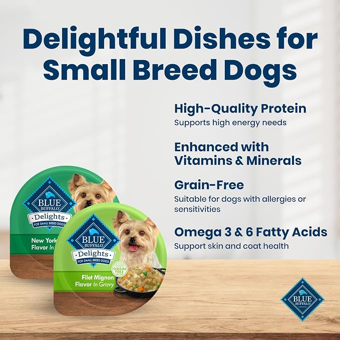 Blue Buffalo Delights Variety Pack Small Breed Wet Dog Food, 3.5 oz, 12 ct | Filet Mignon & New York Strip (6 of Each), Adult Formula, in Hearty Gravy, No Corn, Wheat, or Soy