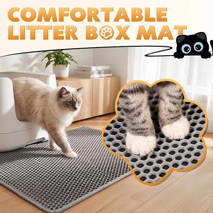 Cat Litter Mat 24"x15", Double Layer Waterproof Litterbox Mat, Gray | Non-slip backing, washable for easy cleanup, traps stray litter with waterproof honeycomb large grid that is urine-proof.