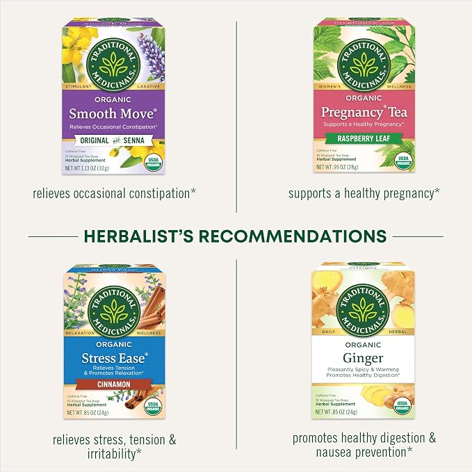 Traditional Medicinals Organic Raspberry Leaf Herbal Tea, Eases Menstrual Cramps & Supports Healthy Pregnancy, 16 Tea Bags (Pack of 2)