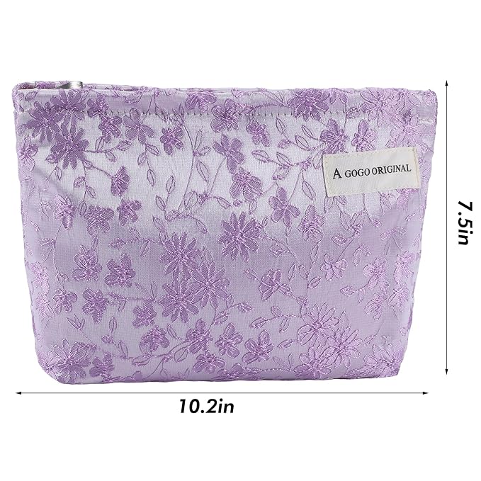 ZLFSRQ Daisy Flower Makeup Bag Travel Cute Floral Cosmetic Bags for Women Large Toiletry Pouch Zipper Cosmetic Pouch for Purse Aesthetic Embroidery Purple Makeup Organizer Bag Portable Toiletry Bags