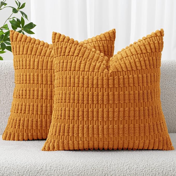 MIULEE Fall Decorative Throw Pillow Covers 18x18 Burnt Orange Pack of 2 | Soft Corduroy Boho Striped Pillow Covers Modern Farmhouse Autumn Home Decor For Sofa Living Room Couch Bed