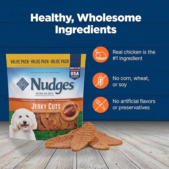 Blue Buffalo Nudges Jerky Cuts Dog Treats, Made in the USA with Natural Ingredients, Chicken & Duck, 36-oz Bag (Pack of 3)