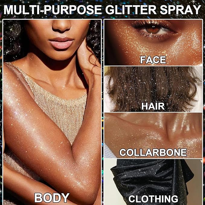 Hair and Body Glitter Spray, Temporary Shiny Hairspray for Face, Hair, Clothing, Holographic Shiny Glitter Long-Lasting Quick-Drying for Festival Prom Rave Accessories (Rainy-Rainbow, 2.11OZ)