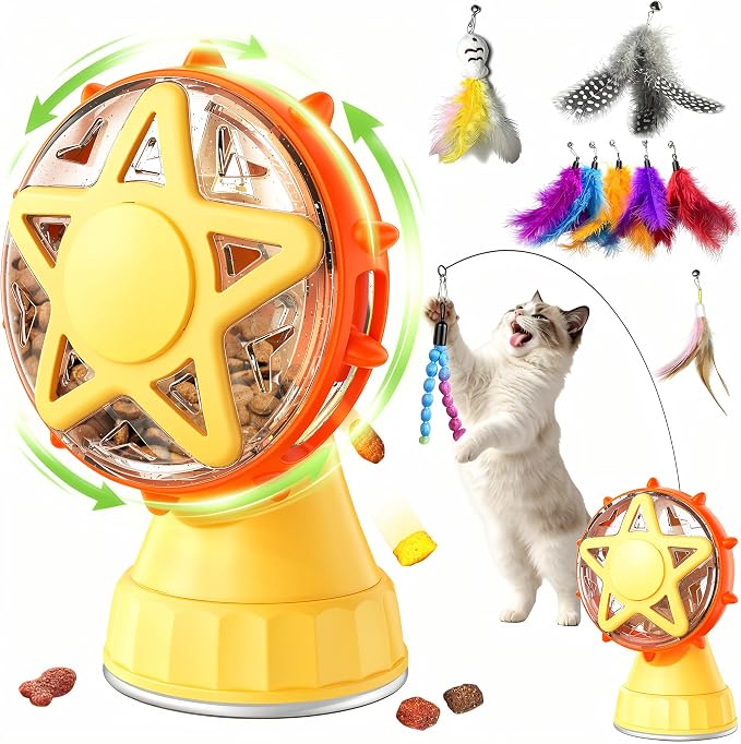 Cat Toys for Indoor Cats，Interactive Cat Toy Kitten Toys Enrichment with Adjustable Cat Food Dispenser, Slow Feeder Puzzle Removable Teaser Wand Toy for Bored Indoor Adult Cats (Orange)