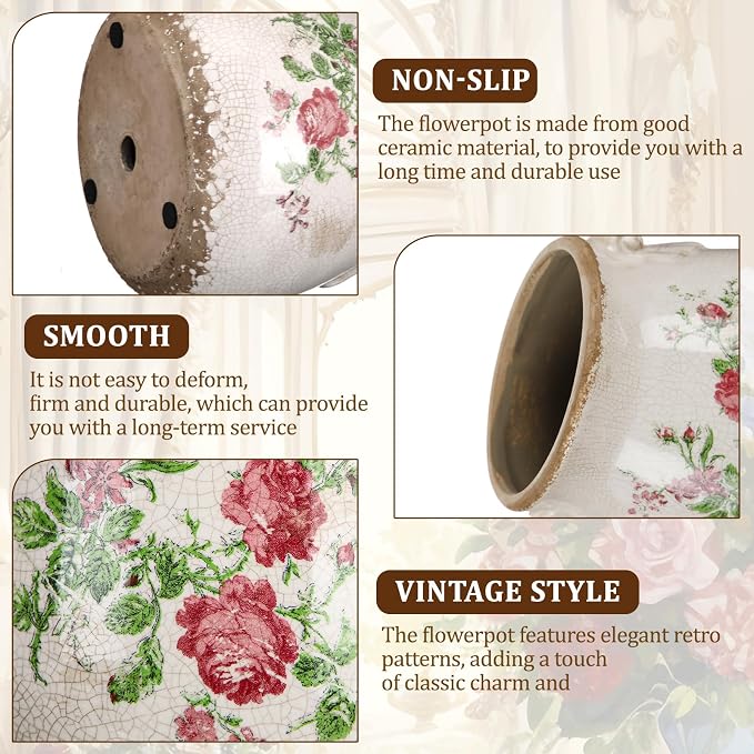 Ceramic Scroll Planter 6.5 Inch Chinoiserie Floral Vase with Drainage Holes Vintage Flower Vase Flower Pot Rustic Ceramic Pots for Indoor Plants Garden Home Bookshelf Decor(Pink Green)