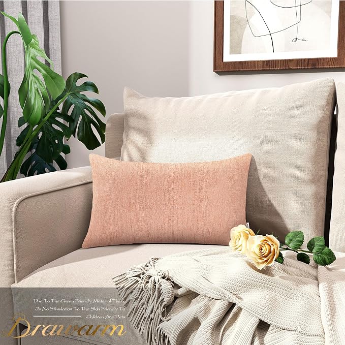 BRAWARM Throw Pillow Covers 12x20 Inches - Dusty Pink Chenille Lumbar Pillow Covers Pack of 2, Solid Dyed Soft Chenille Pillow Cases for Couch Sofa Bed Home Decoration