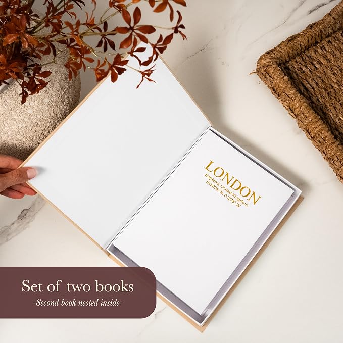 Decorative Books with Storage (Gray/Beige) – Set of 2 Faux Linen Book Boxes with Gold Stamped Covers – Enhance Your Coffee Table, Bookshelf Decor – Hidden Storage for Photos, Keepsakes, and Jewelry