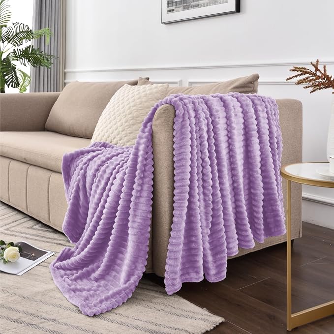 BEDELITE Ribbed Jacquard Lavender Fleece Twin Blanket for Bed, 60x80 Inch | Soft Warm Decorative Fluffy Blanket, Cozy Plush Lightweight Fuzzy Throw Blanket for Couch Sofa Room Decor, Gift for Women