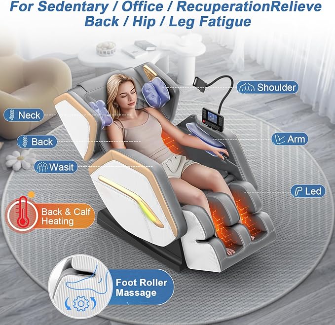 Massage Chair Full Body, Zero Gravity Massage Chair 2025 for Back Fatigue with 10 Fixed Rollers, Airbags, Heating, Phone Controller, Bluetooth Speaker, Nightlights for Living Room, Bedroom