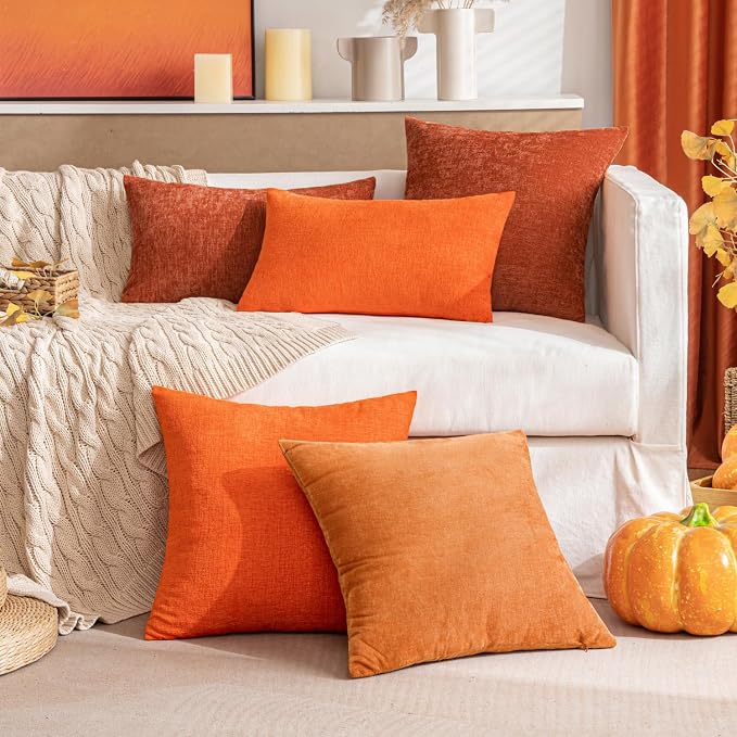 MIULEE Soft Chenille Fall Lumbar Throw Pillow Covers Rust 12x20 Pack of 2 | Modern Fall Home Decor, Classic Decorative Pillows, Solid Dyed Cases, Boho Couch Cushion Covers for Sofa Bed Living Room
