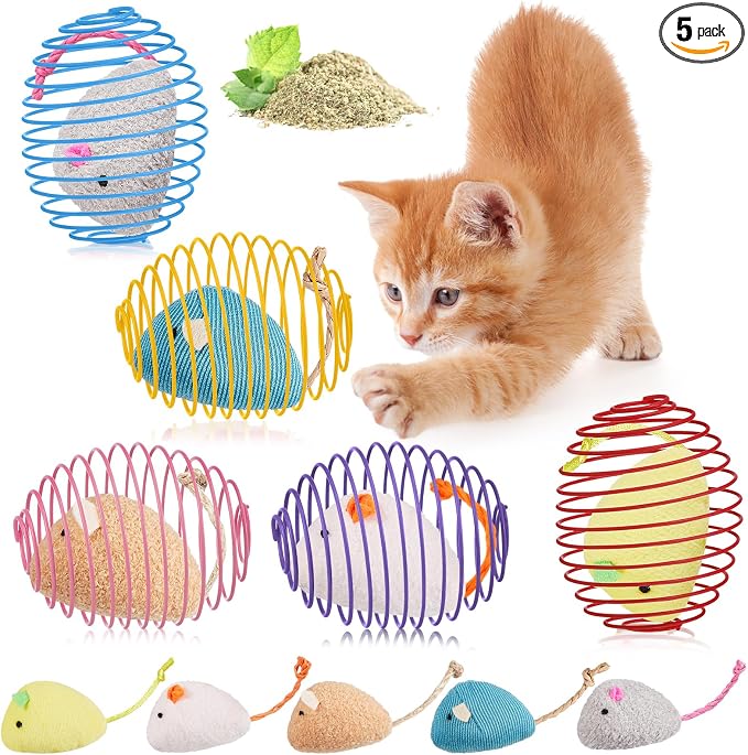 Jecery 5 Pcs Cat Toys Spring,Catnip Rats,Soft Color
