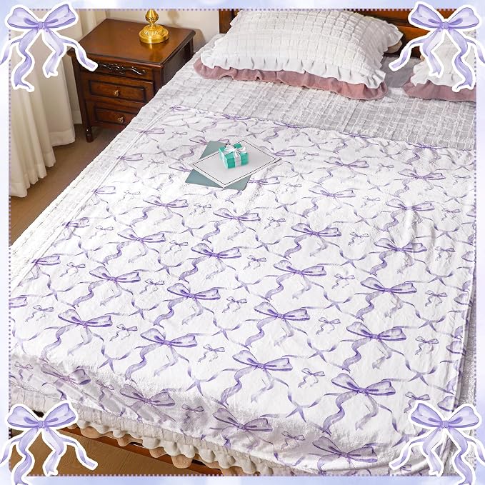 Purple Bow Throw Blanket 50"x60" Soft Flannel for Girls Women | Coquette Aesthetic Decor with Ruffled Edges, Ultra Plush Bed Sofa Blanket, Preppy Gift for Teens, Back to School Dorm Room