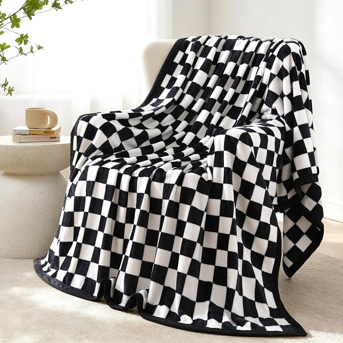 PU MEI Checkered Flannel Throw Blanket, Classic Black and White Checkerboard Decorative Blanket, Lightweight Warm Ideal for Couch and Bed, 60x80 Inches