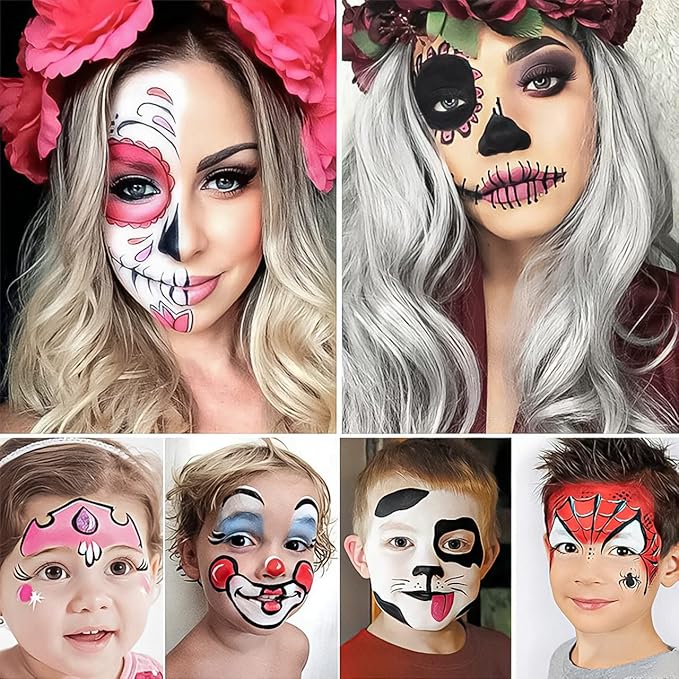 15 Color Face Paint Kit, Professional Face Painting Kit SFX Makeup Palette, Water Activated Body Paint for Cosplay Halloween Party for Kids and Adults Safe Non Toxic with 12 Pcs Brush & Stencils Matte