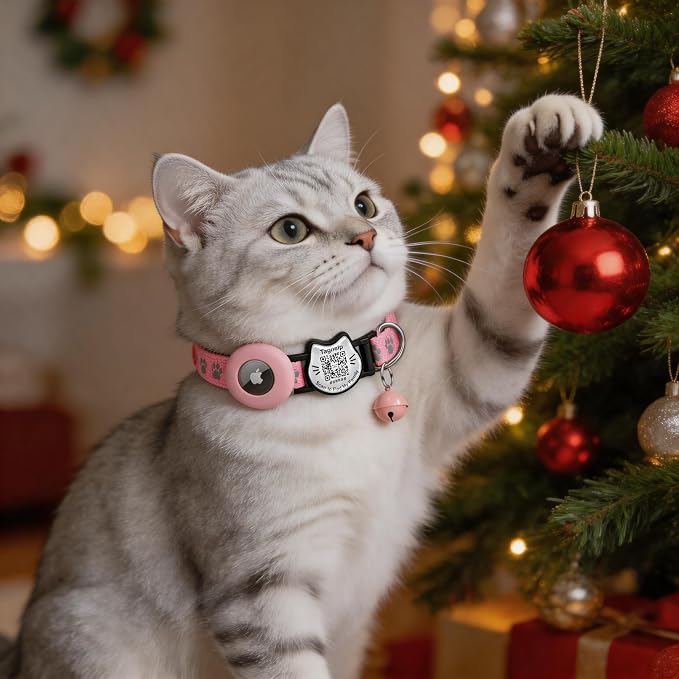 Cat Collar with AirTag Holder, QR Code Tag and Bell (Pink, Paw Pattern)