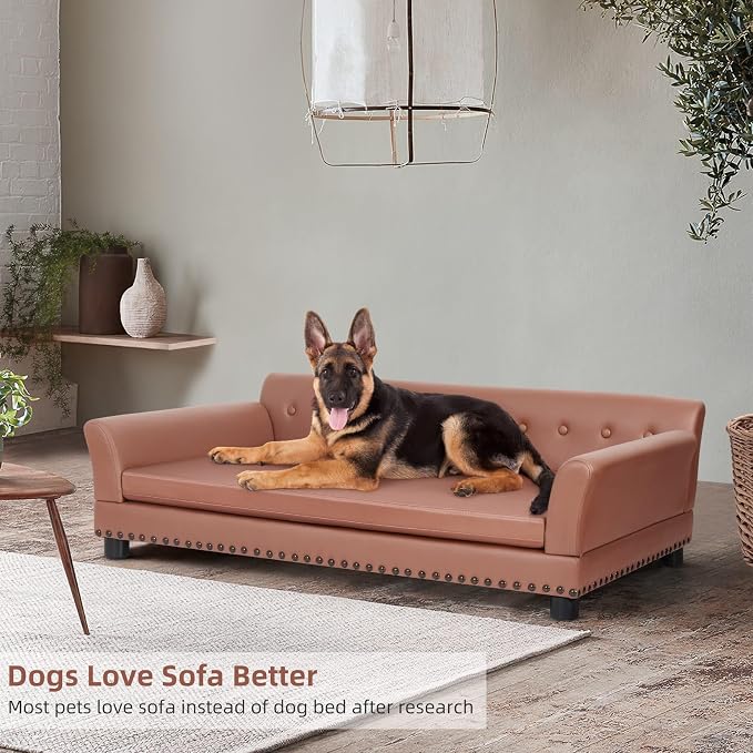 XL Leather Dog Sofa: Scratch Resistant Pet Couch up to 132lbs | Extra Large Luxury Modern Indoor Dog Furniture, Elevated Wooden Frame Doggie Lounge Bed, Replaceable Cover, Easy Clean