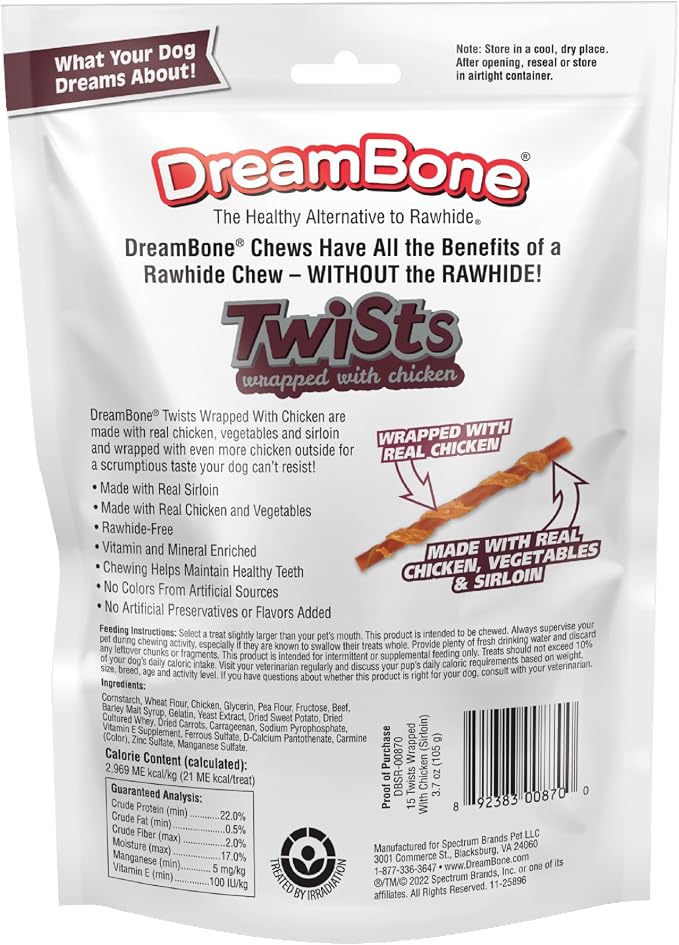 DreamBone Twist Stick Sirloin Rawhide-Free Dog Treats, 15 Count | Daily Chew, Digests Safely and Completely, Made With Real Protein, Chicken and Veggies, For Adult Dogs